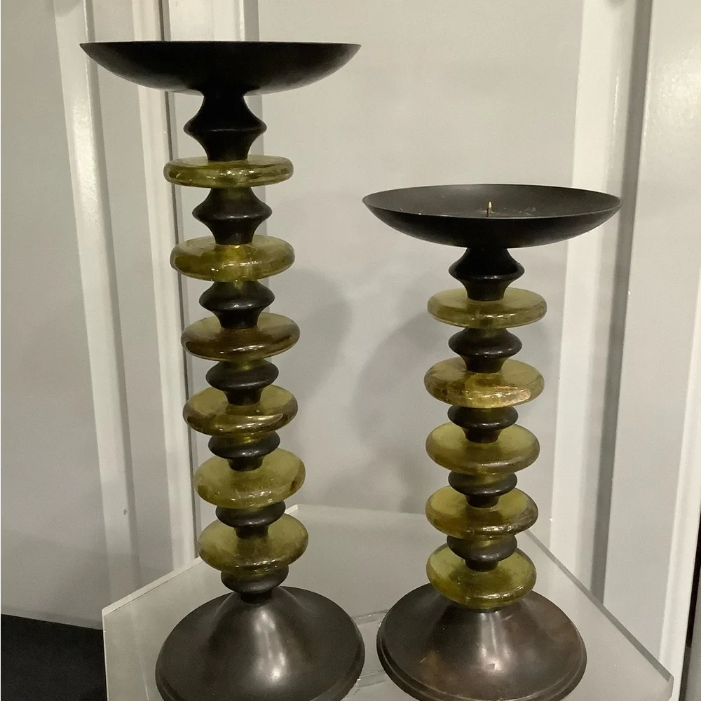 Z Gallerie Bronze and Olive Candle Hand Blown Glass Candle Sticks Holders